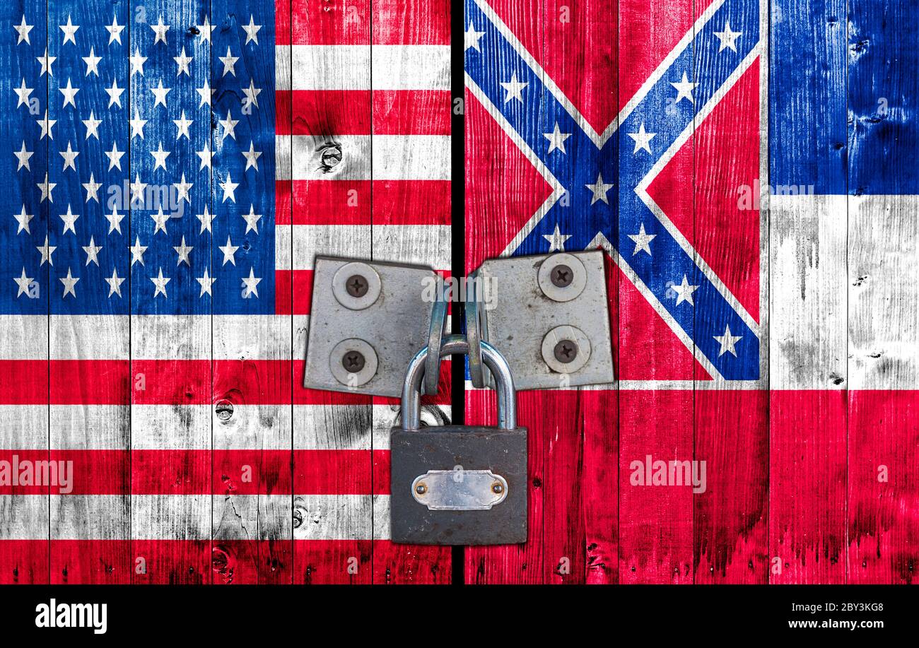 US and Mississippi flag on door with padlock Stock Photo