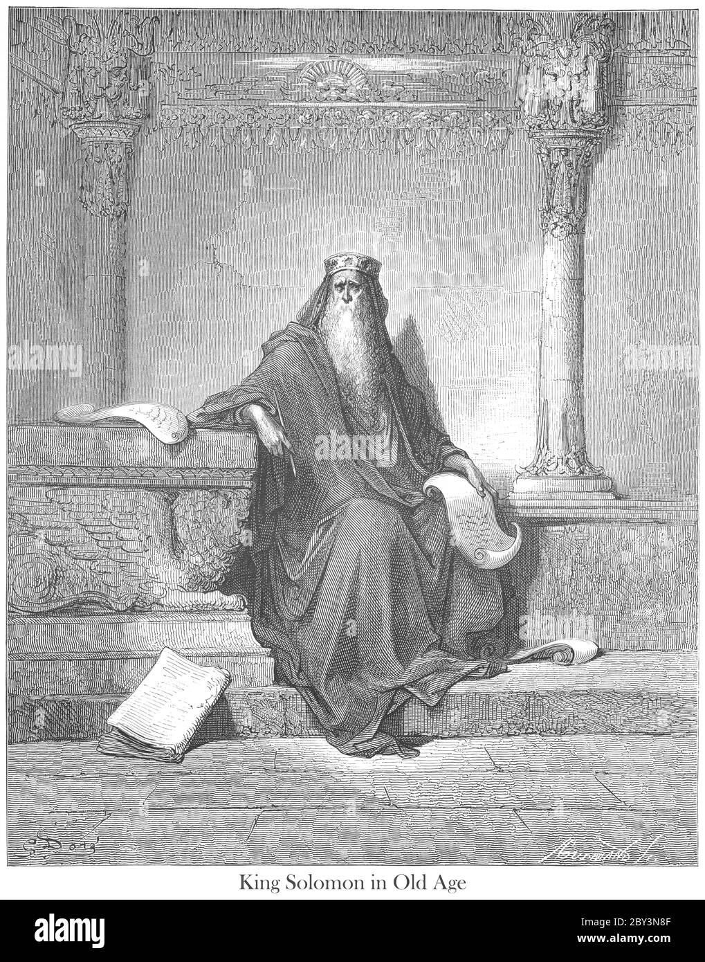 King Solomon in Old Age 2 Chronicles 1:10 From the book 'Bible Gallery' Illustrated by Gustave Dore with Memoir of Dore and Descriptive Letter-press by Talbot W. Chambers D.D. Published by Cassell & Company Limited in London and simultaneously by Mame in Tours, France in 1866 Stock Photo