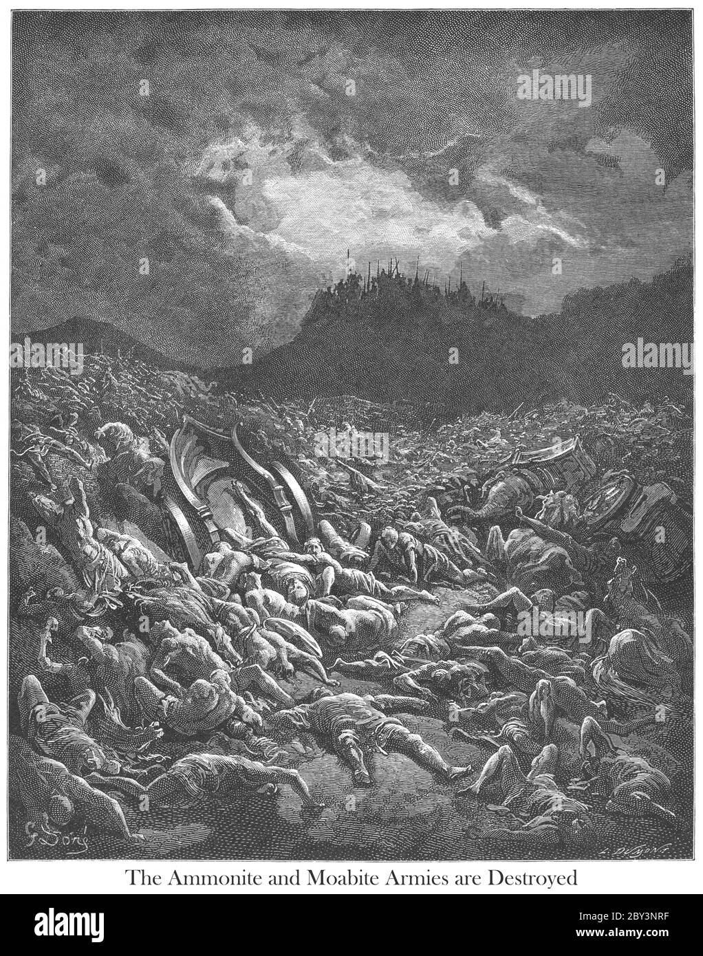 Ammonites and Moabites armies are destroyed 2 Chronicles 20:22-23 From the book 'Bible Gallery' Illustrated by Gustave Dore with Memoir of Dore and Descriptive Letter-press by Talbot W. Chambers D.D. Published by Cassell & Company Limited in London and simultaneously by Mame in Tours, France in 1866 Stock Photo