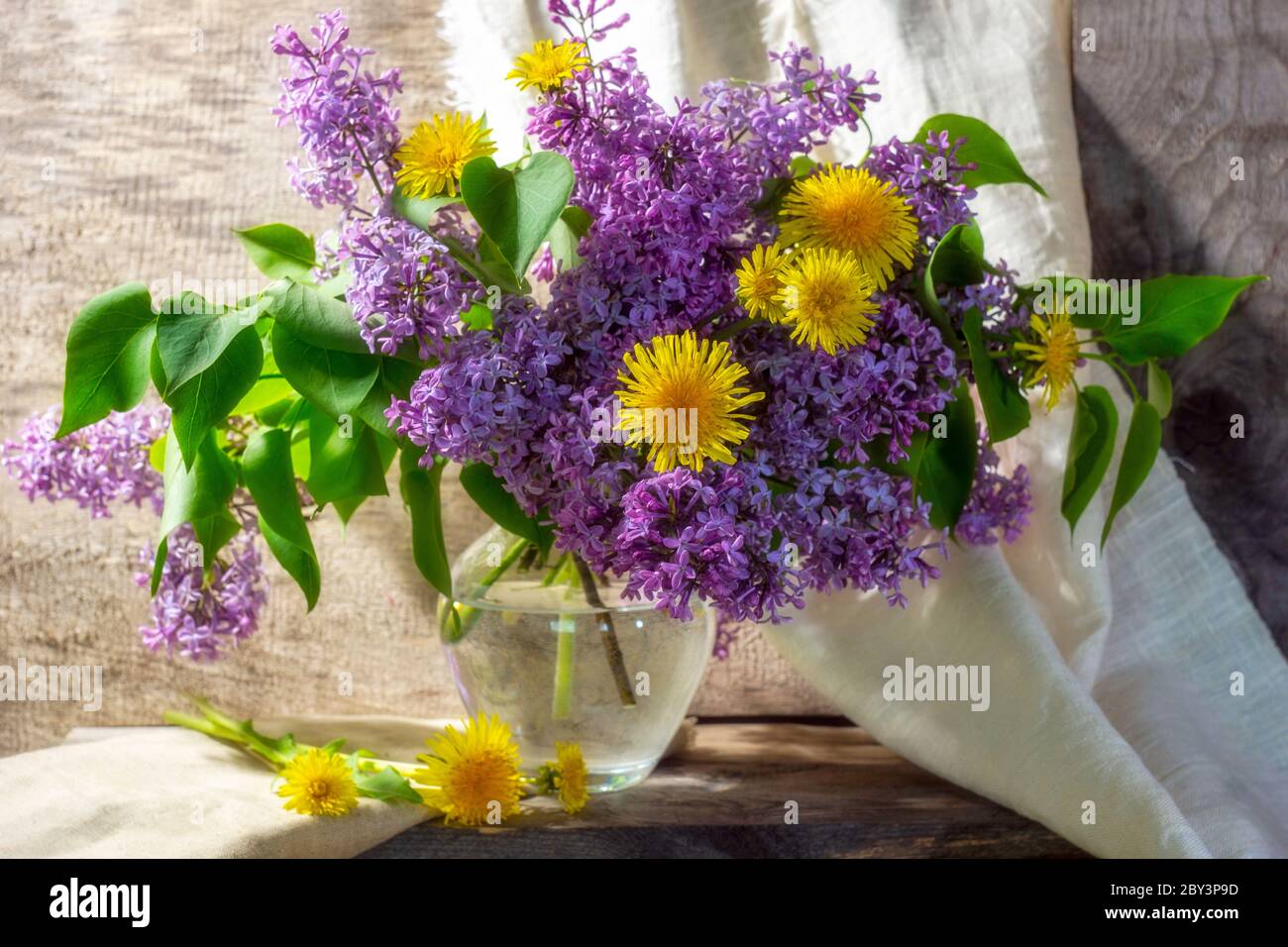 rustic still life with lilac in a glass vase and daisies wooden ...