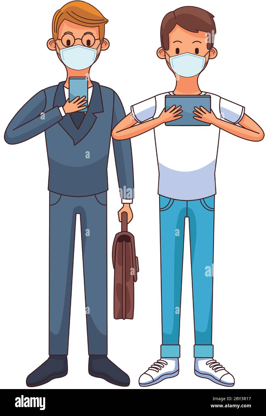young men wearing medical masks using technology characters vector
