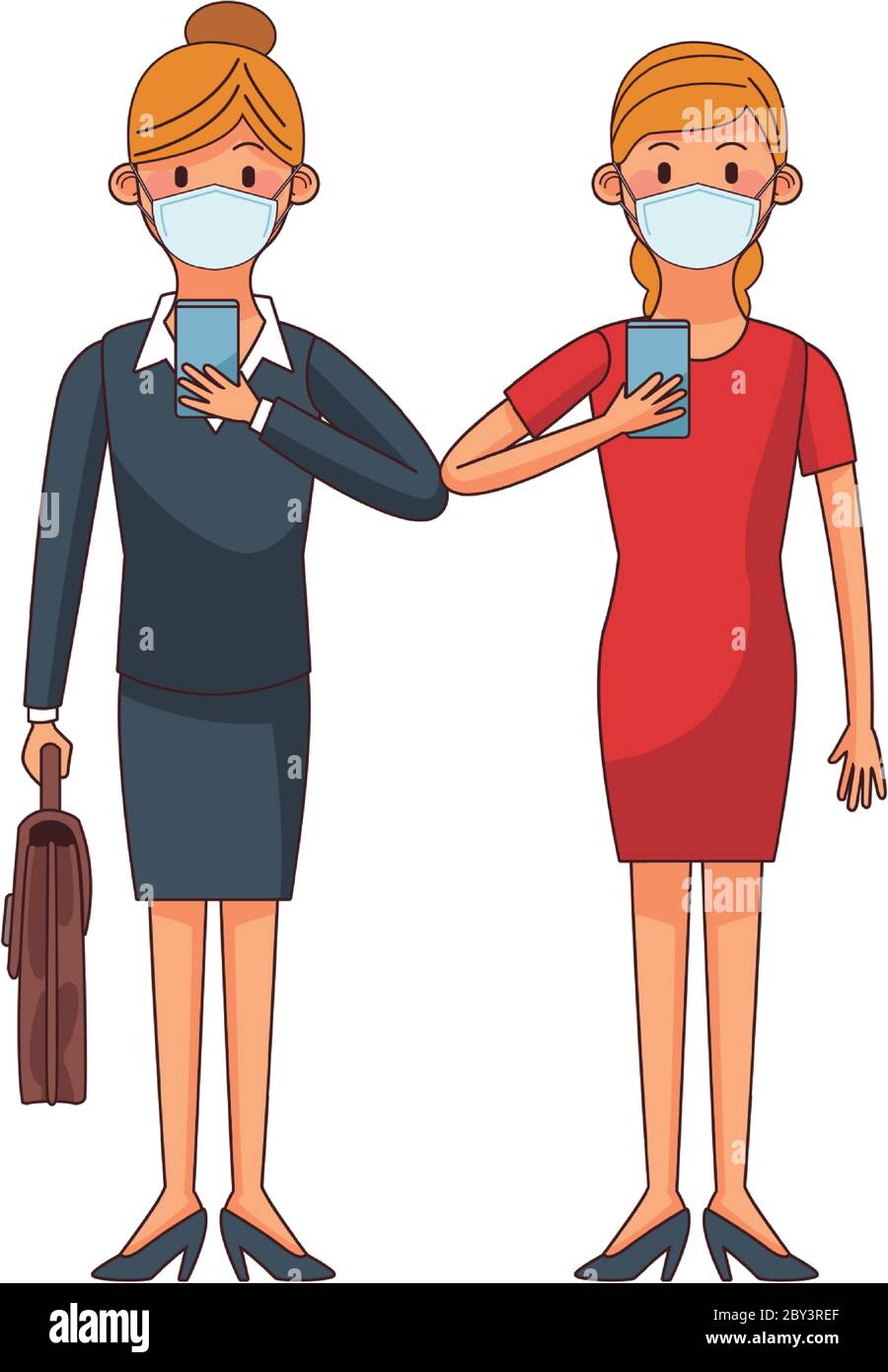 young women wearing medical masks using technology characters vector