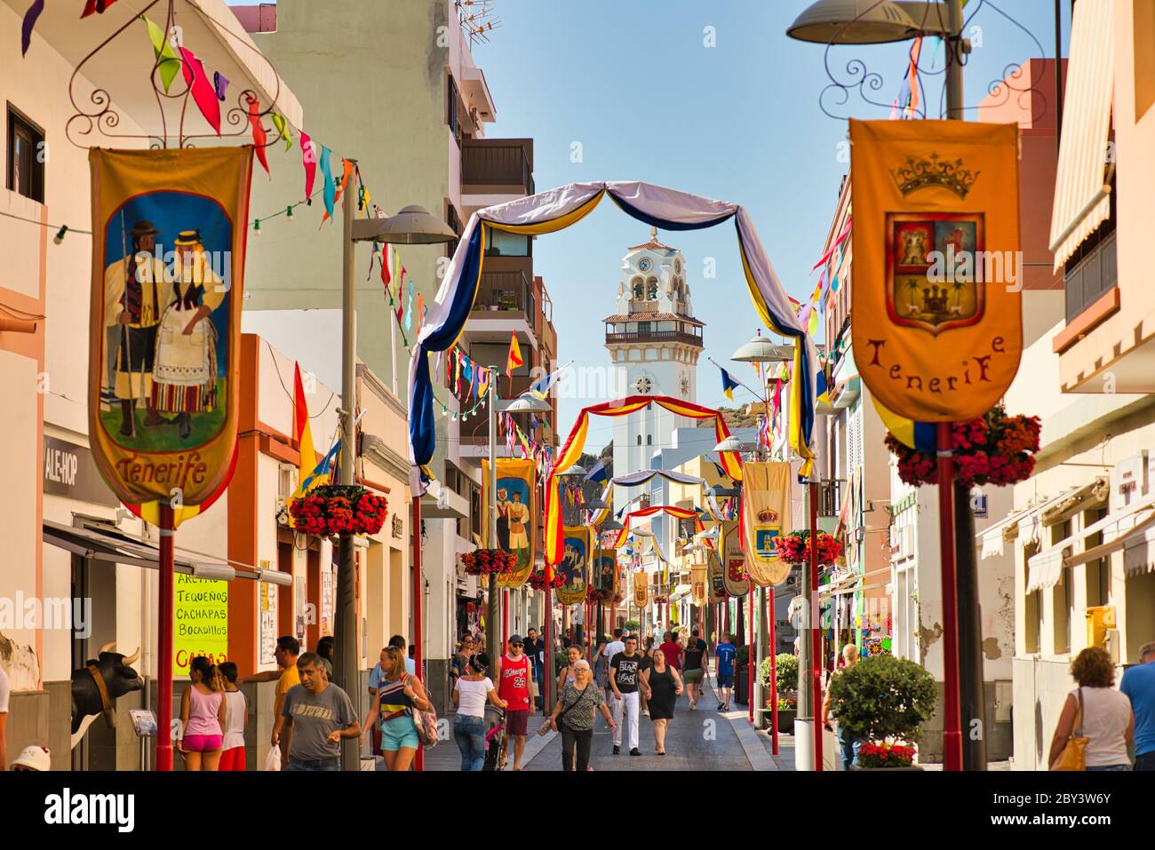 colored flags decorating for christian holiday catholic church Stock Photo