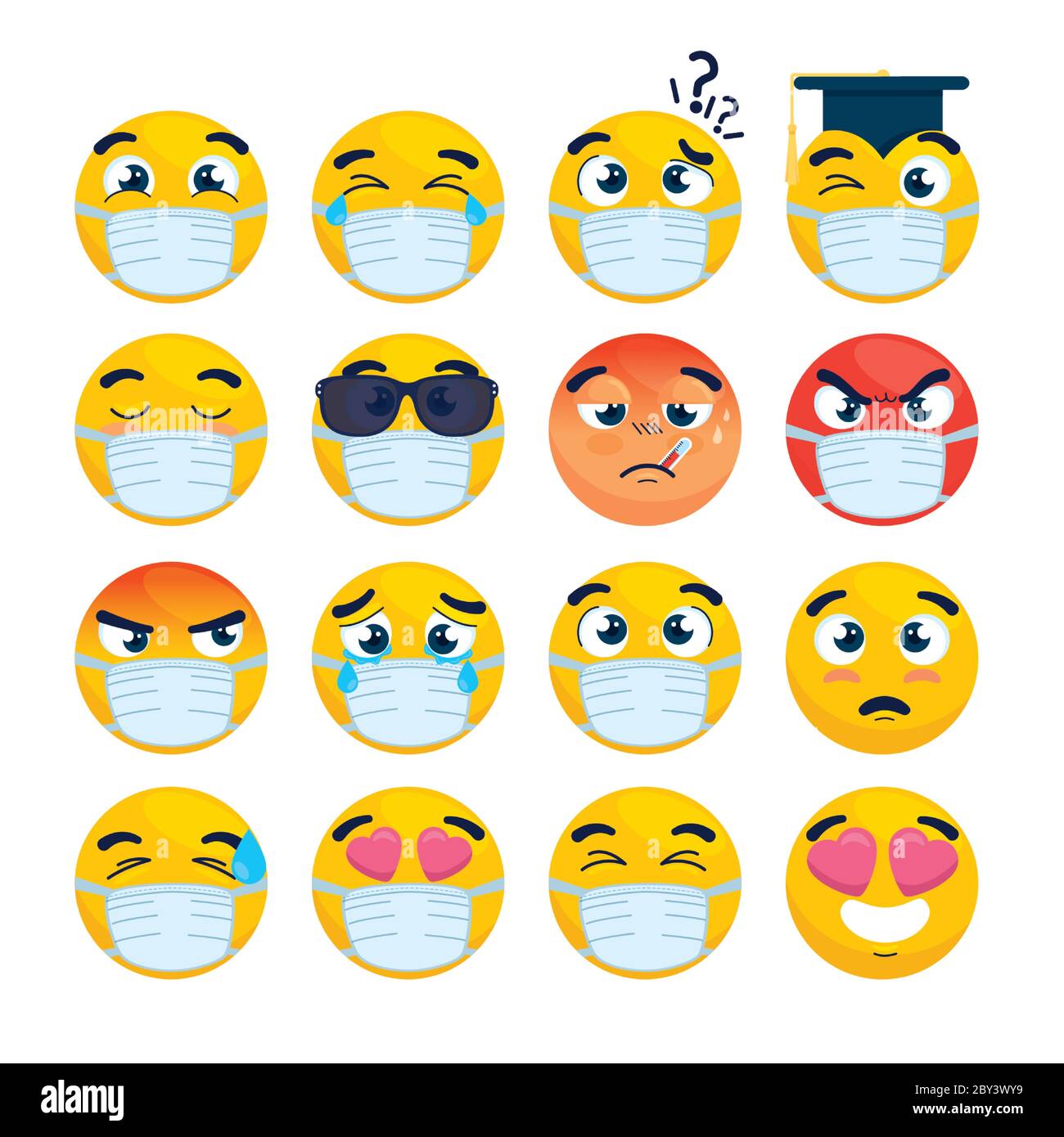 set of emoji wearing medical mask, yellow faces with a white surgical ...