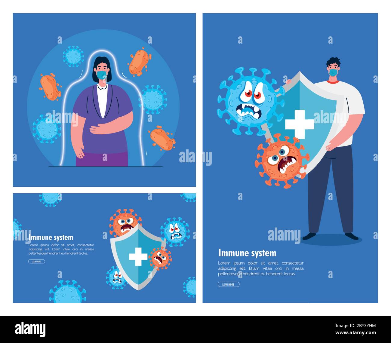 Woman and man with masks shields and cartoons vector design Stock