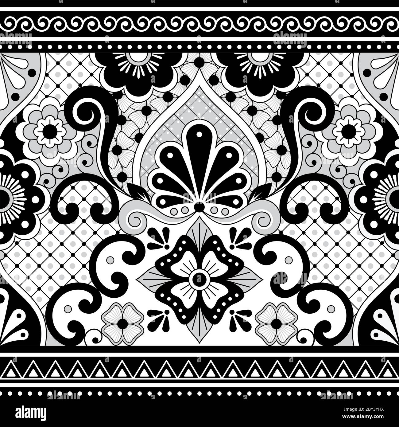 Mexican Talavera Poblana vector seamless pattern, repetitive background inspired by traditional pottery and ceramics design from Mexico in black and w Stock Vector