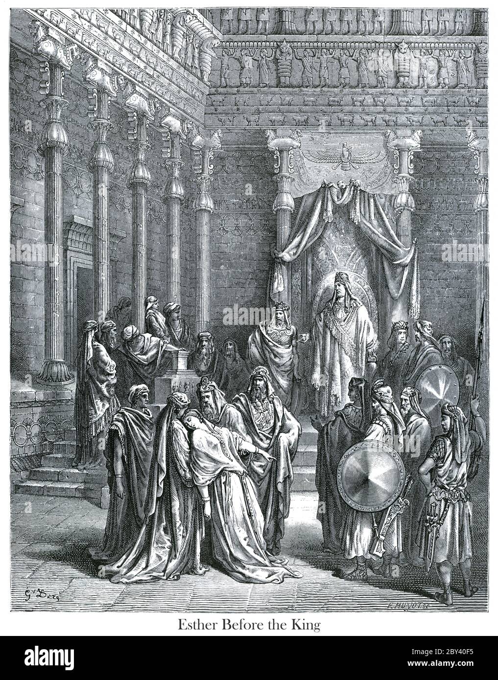 Esther Before the King Esther [Apocrypha] 15:6-7 From the book 'Bible Gallery' Illustrated by Gustave Dore with Memoir of Dore and Descriptive Letter-press by Talbot W. Chambers D.D. Published by Cassell & Company Limited in London and simultaneously by Mame in Tours, France in 1866 Stock Photo