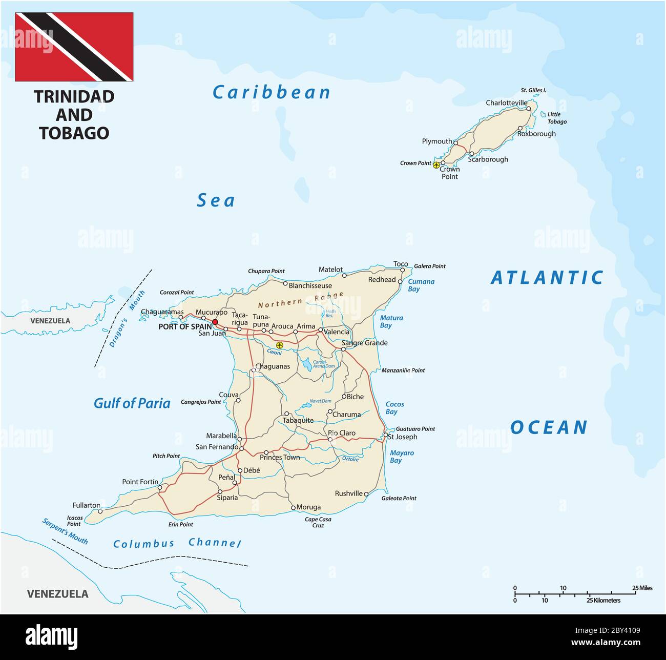trinidad and tobago road vector map with flag Stock Vector