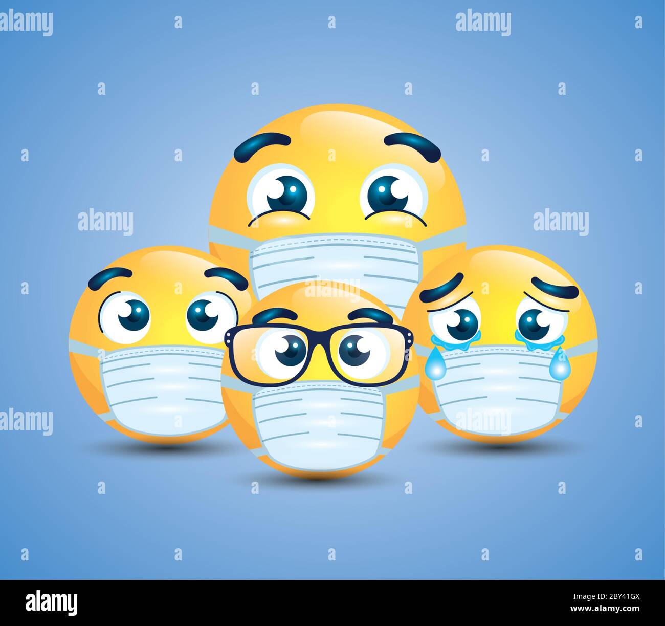 set of emoji wearing medical mask, yellow faces with white surgical