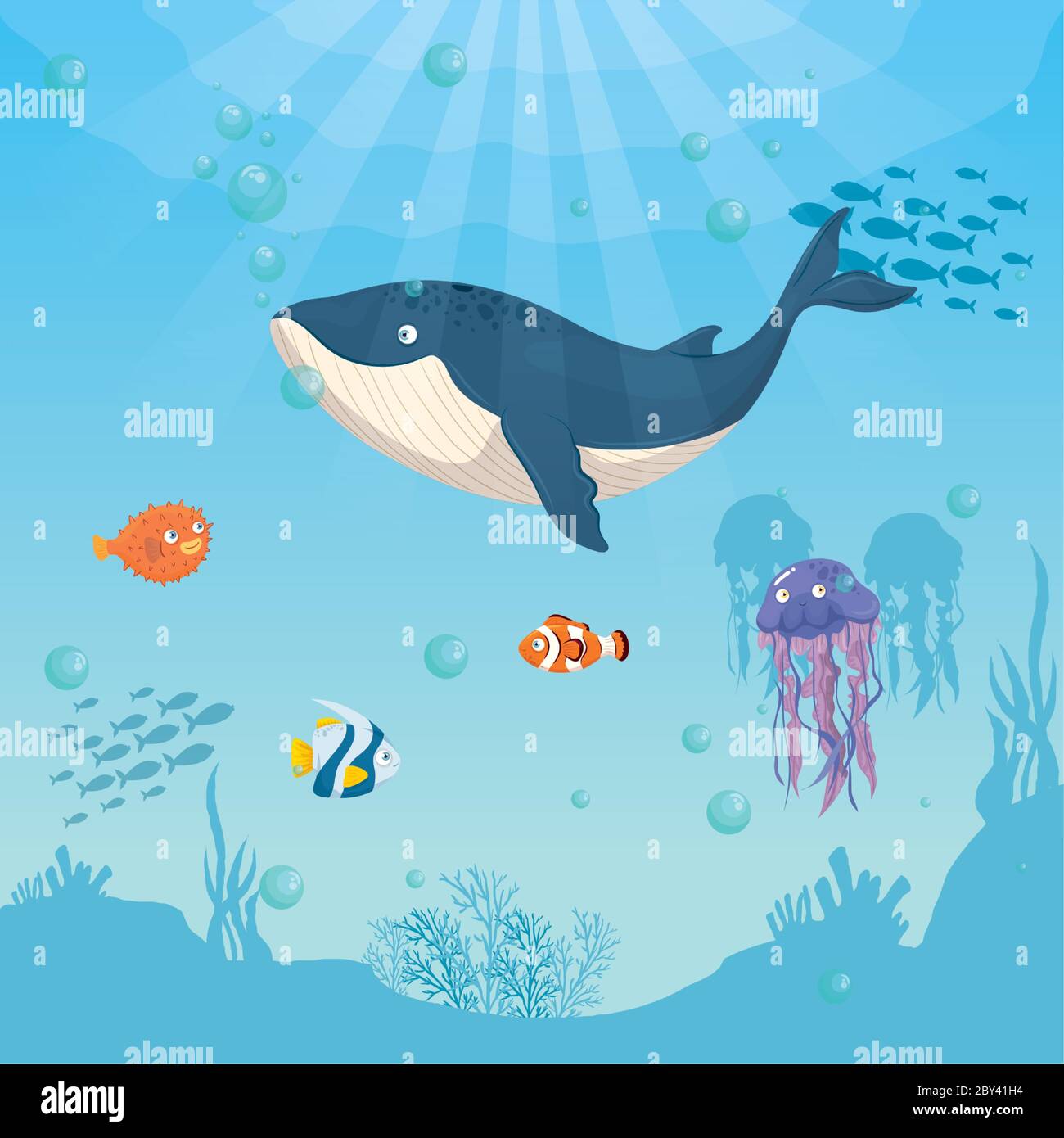 blue whale marine animal in ocean, with ornamental fishes and jellyfish