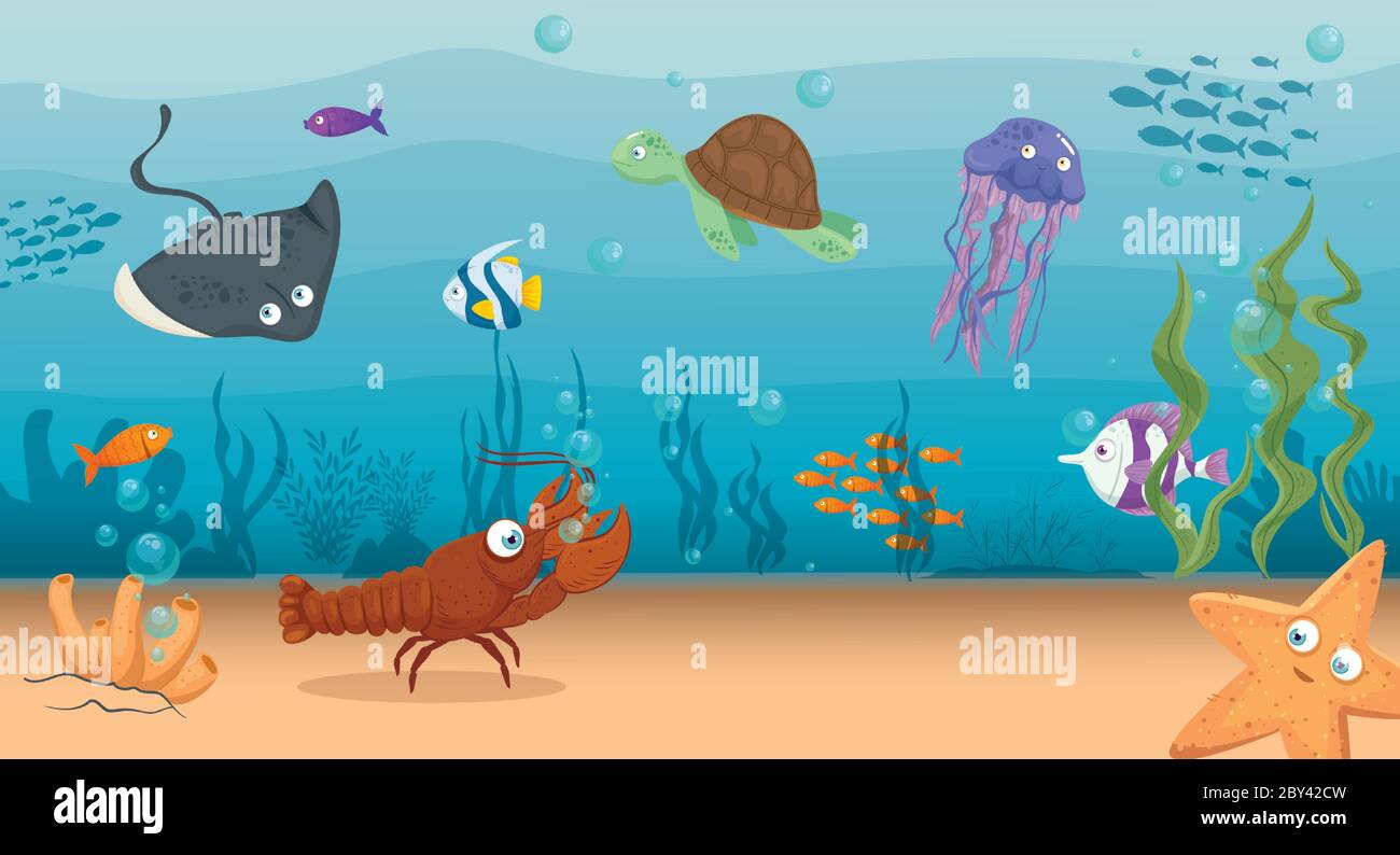 lobster with fish and wild marine animals in ocean, seaworld dwellers, cute  underwater creatures,habitat marine concept Stock Vector Image & Art - Alamy
