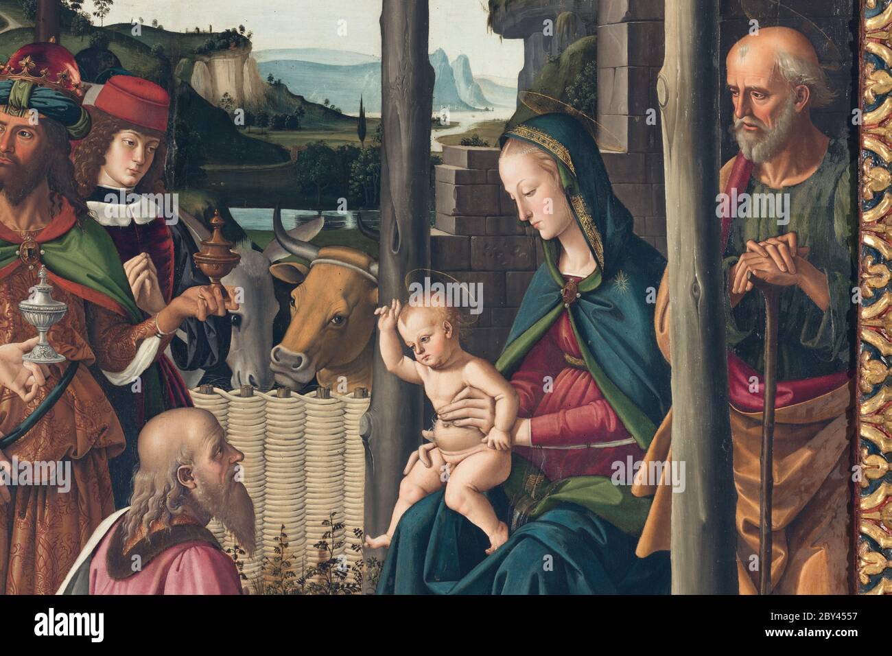 The Adoration of the Magi is a tempera on wood (241 x 180 cm), by Pietro Perugino, circa 1470-1476 kept in the National Gallery of Umbria in Perugia Stock Photo