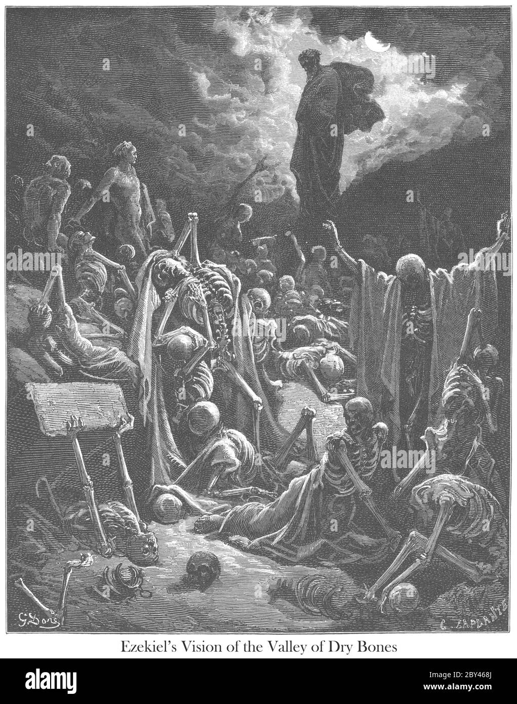The Vision of the Valley of the Dry Bones Ezekiel 37:4-5 From the book 'Bible Gallery' Illustrated by Gustave Dore with Memoir of Dore and Descriptive Letter-press by Talbot W. Chambers D.D. Published by Cassell & Company Limited in London and simultaneously by Mame in Tours, France in 1866 Stock Photo