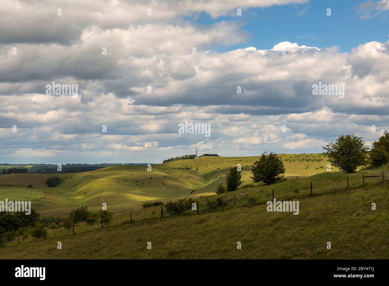 View from the top of Morgans Hill looking towards a sunlit Lansdowne Monument and Calstone and Cherhill Downs, Wiltshire England, UK. Stock Photo