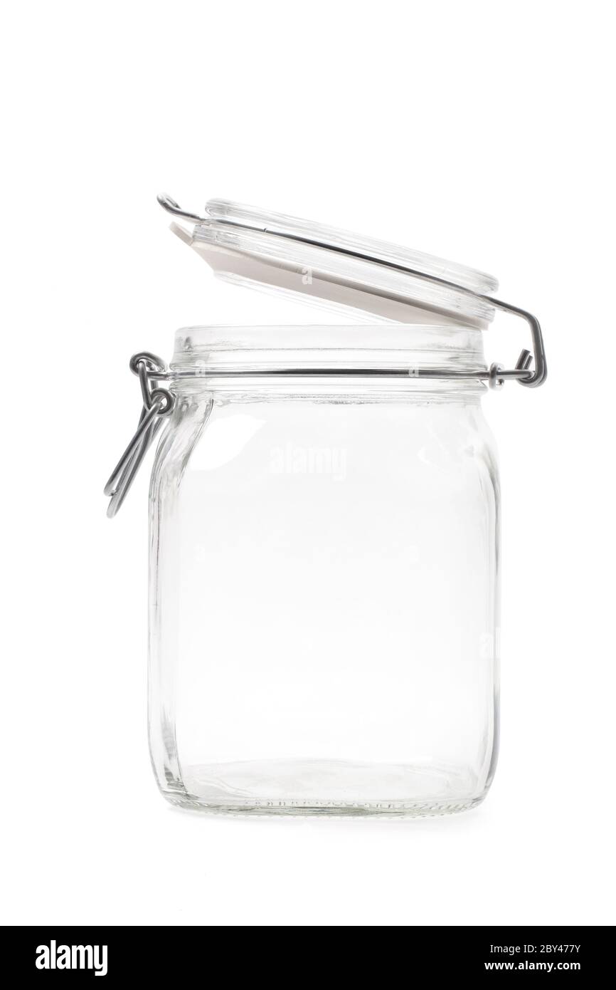 Open empty transparent clean jar with clipping path, isolated on white background. Stock Photo