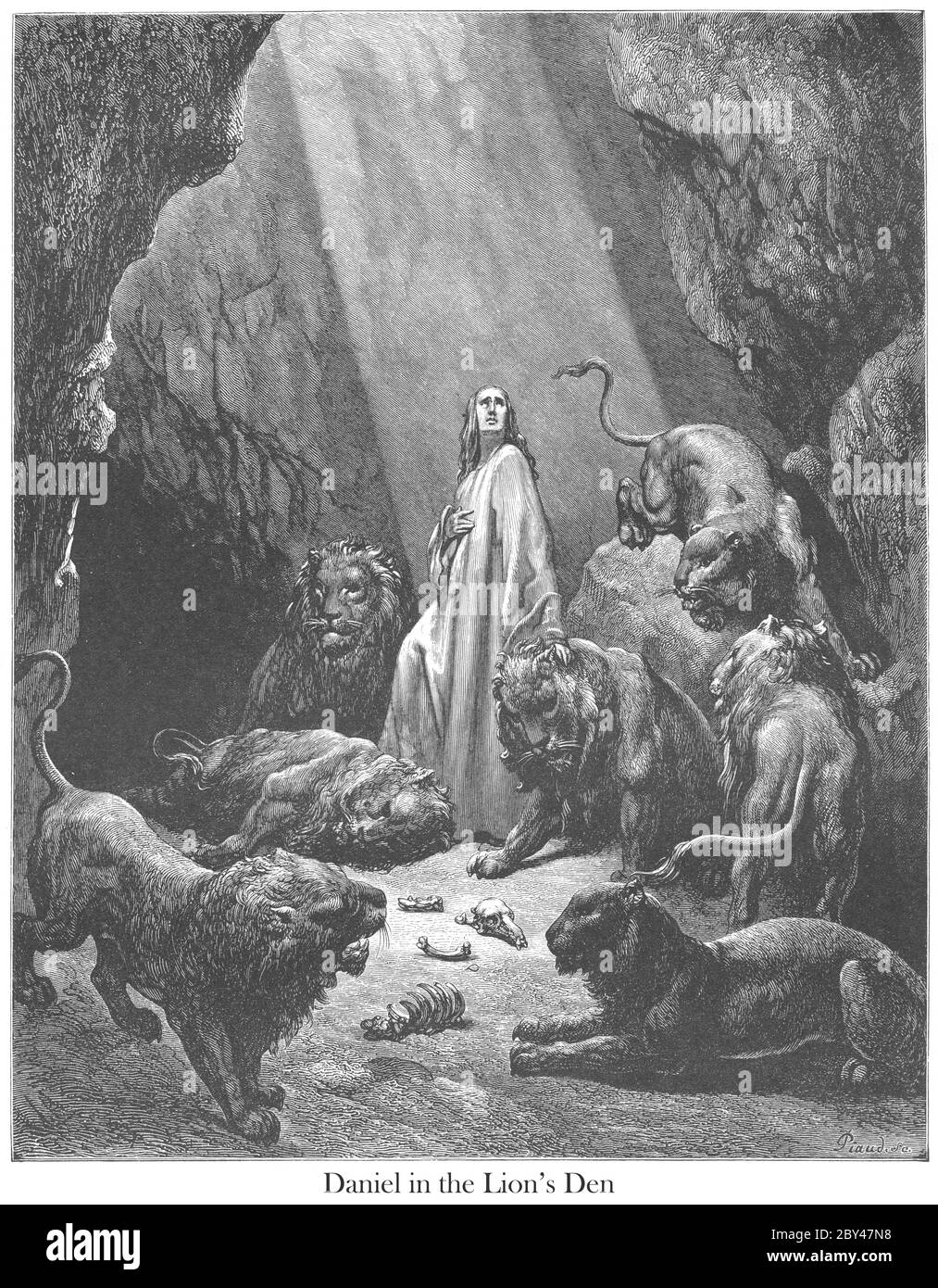 Daniel in the Den of Lions Daniel 6:20-21 From the book 'Bible Gallery' Illustrated by Gustave Dore with Memoir of Dore and Descriptive Letter-press by Talbot W. Chambers D.D. Published by Cassell & Company Limited in London and simultaneously by Mame in Tours, France in 1866 Stock Photo