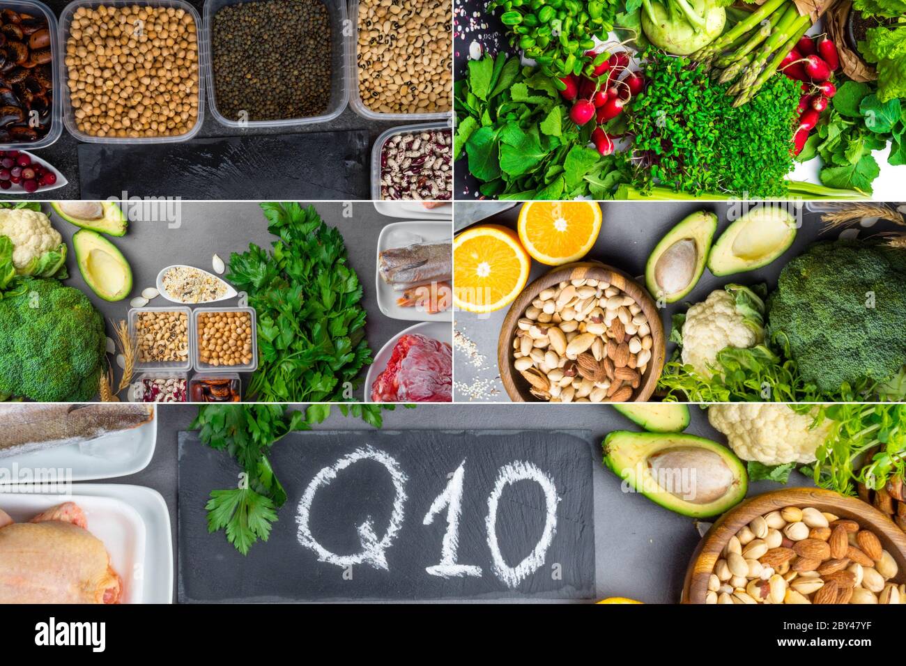 Collage of composition with food contains coenzyme Q10, antioxidant