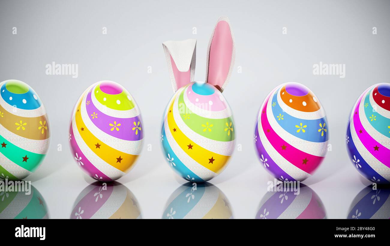Easter Egg With Rabbit Ears Among Multi Colored Easter Eggs 3d