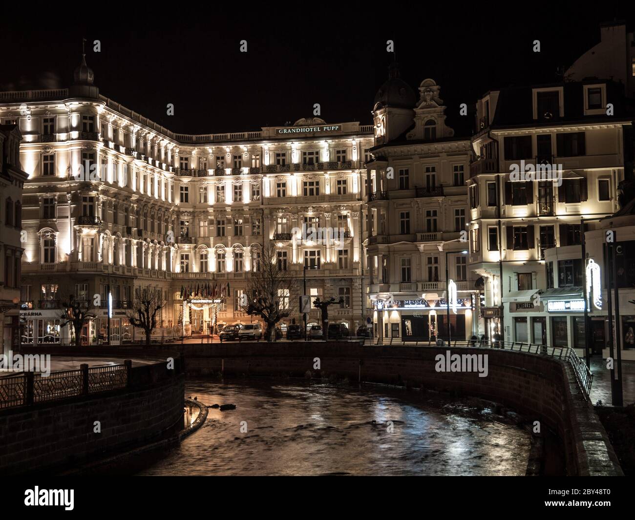 Grandhotel Pupp at night (Karlovy Vary, Czech Republic) Stock Photo
