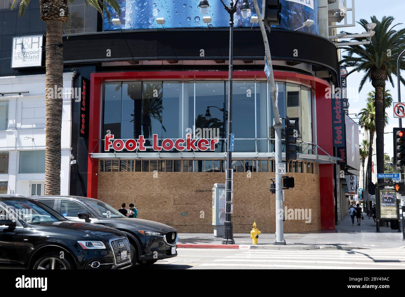 Hollywood, CA/USA - June 8, 2020: Foot Locker store on the Hollywood Walk of Fame boarded up during a series of Black Lives Matter protests Stock Photo