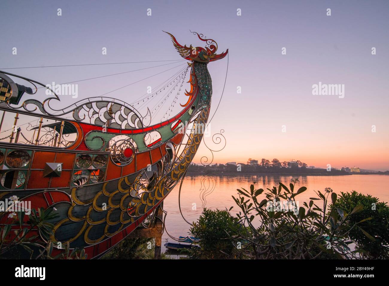 the Dragon Boat Temple of the Giant Buddha at the Mekong River in the town of Sop Ruak in the golden triangle in the north of the city Chiang Rai in N Stock Photo