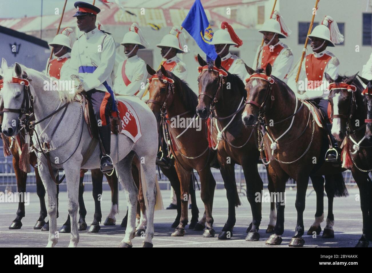 Mounted branch of the Royal Barbados Police Force, attend the 350th anniversary of the Barbados Parliament, Bridgetown, Barbados, Caribbean Stock Photo