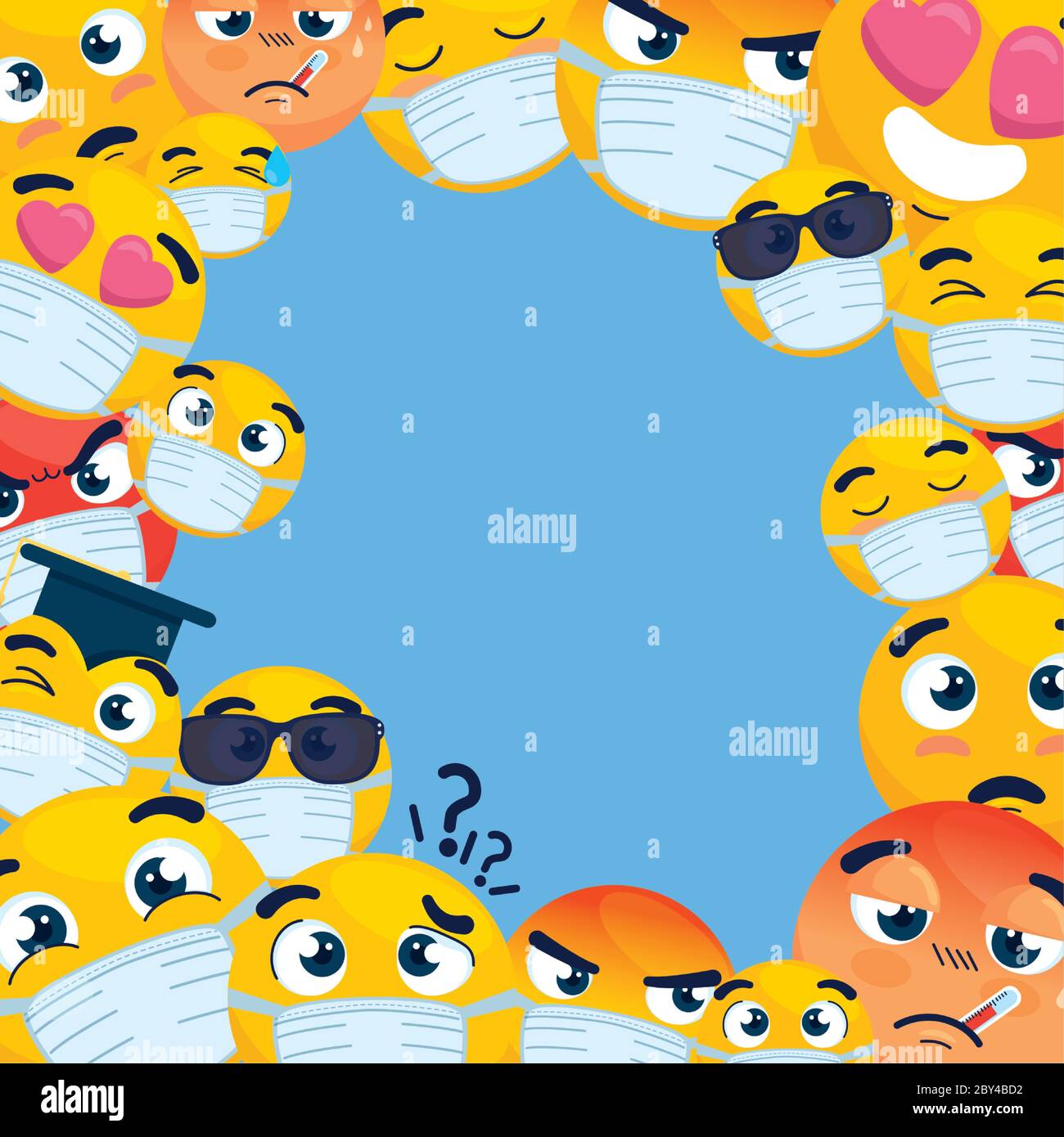 frame of emoji wearing medical mask, yellow faces with white surgical ...