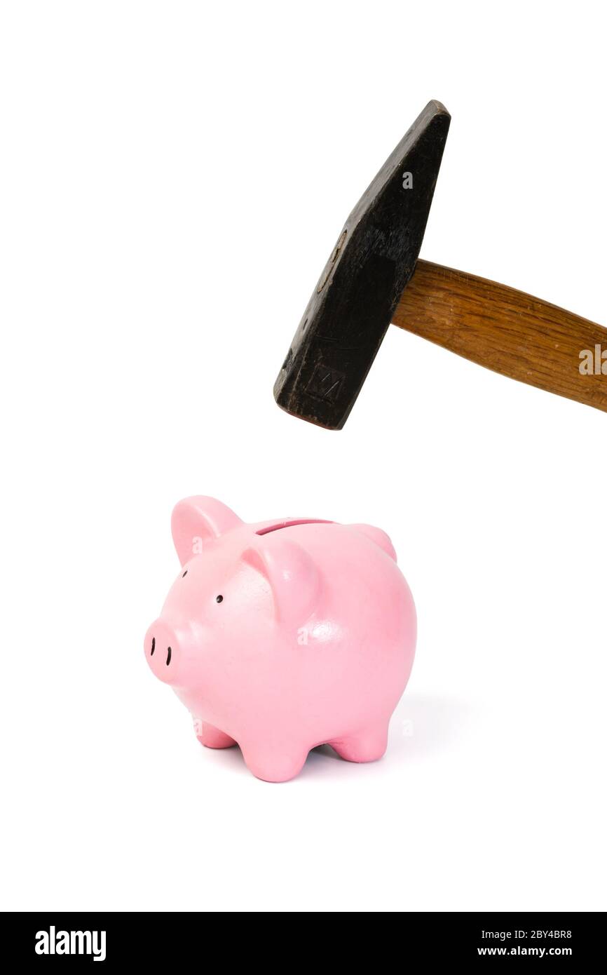 hand with hammer above piggy bank, isolated on white Stock Photo - Alamy