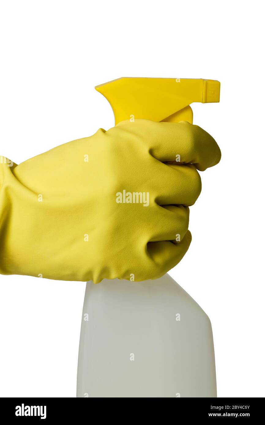 hand in yellow rubber glove with spray bottle isolated on white Stock ...