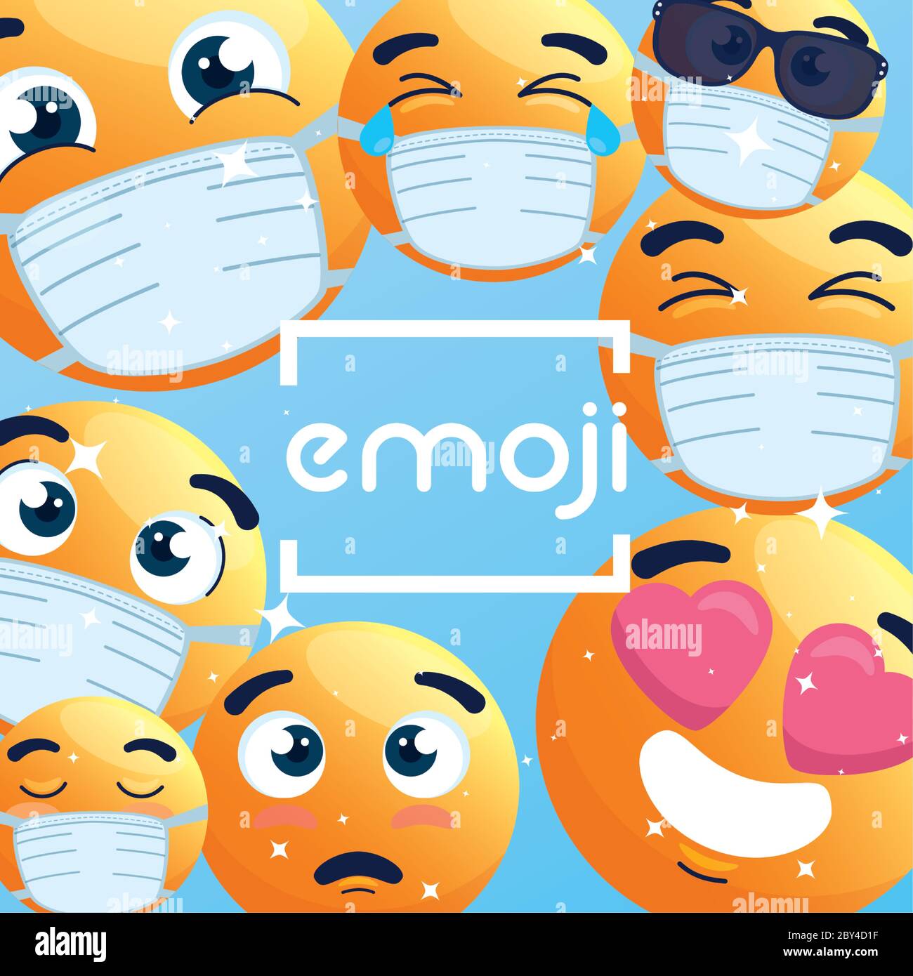frame of emoji wearing medical mask, yellow faces with white surgical ...