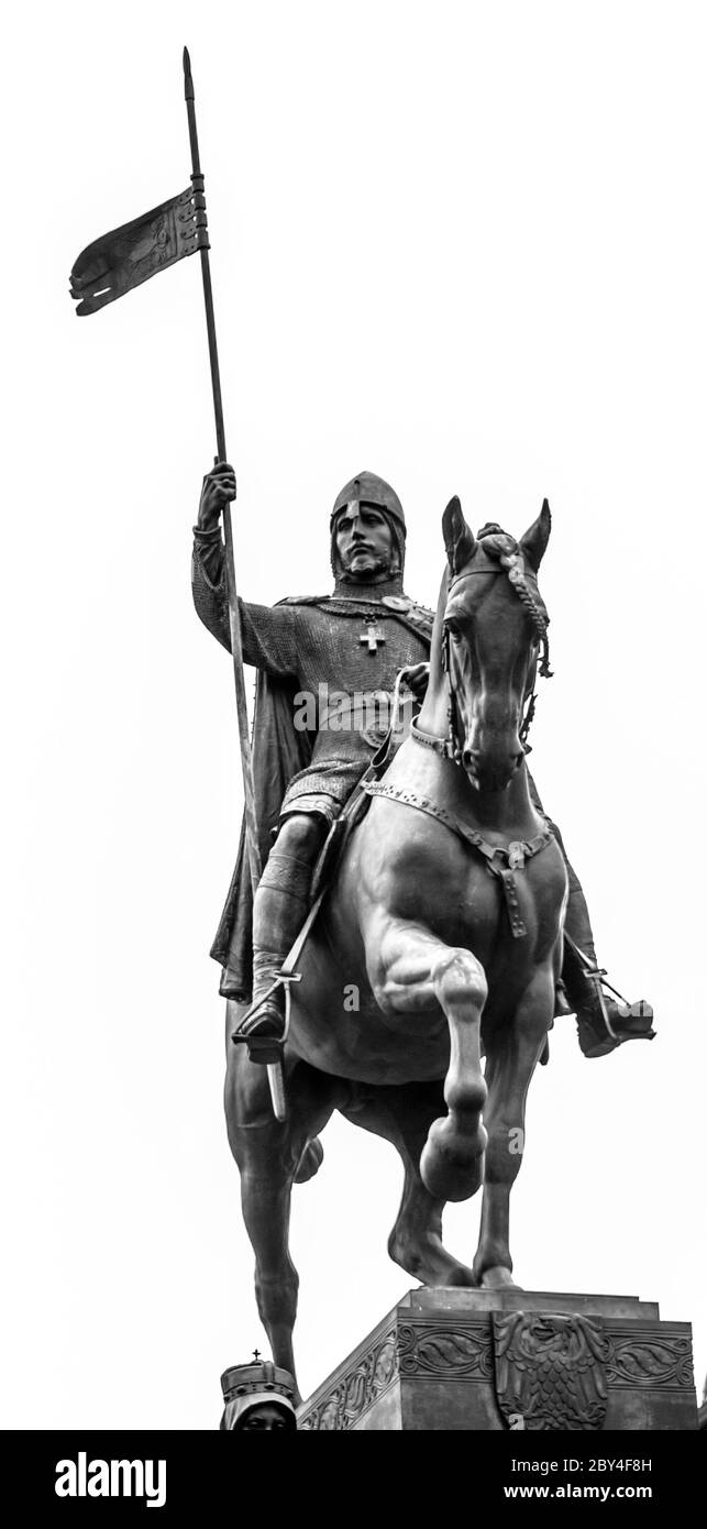Detailed view od Statue of Saint Wenceslas, Wenceslas Square, Prague. Black and white image. Stock Photo