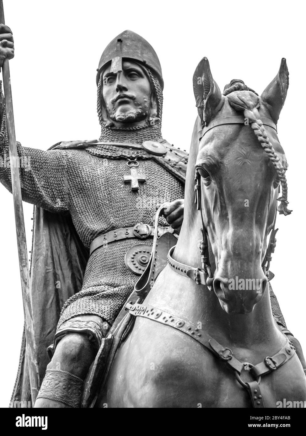 Detailed view od Statue of Saint Wenceslas, Wenceslas Square, Prague. Black and white image. Stock Photo
