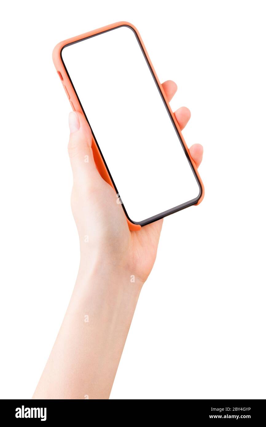 Woman hand holding cell phone isolated on white background Stock Photo ...