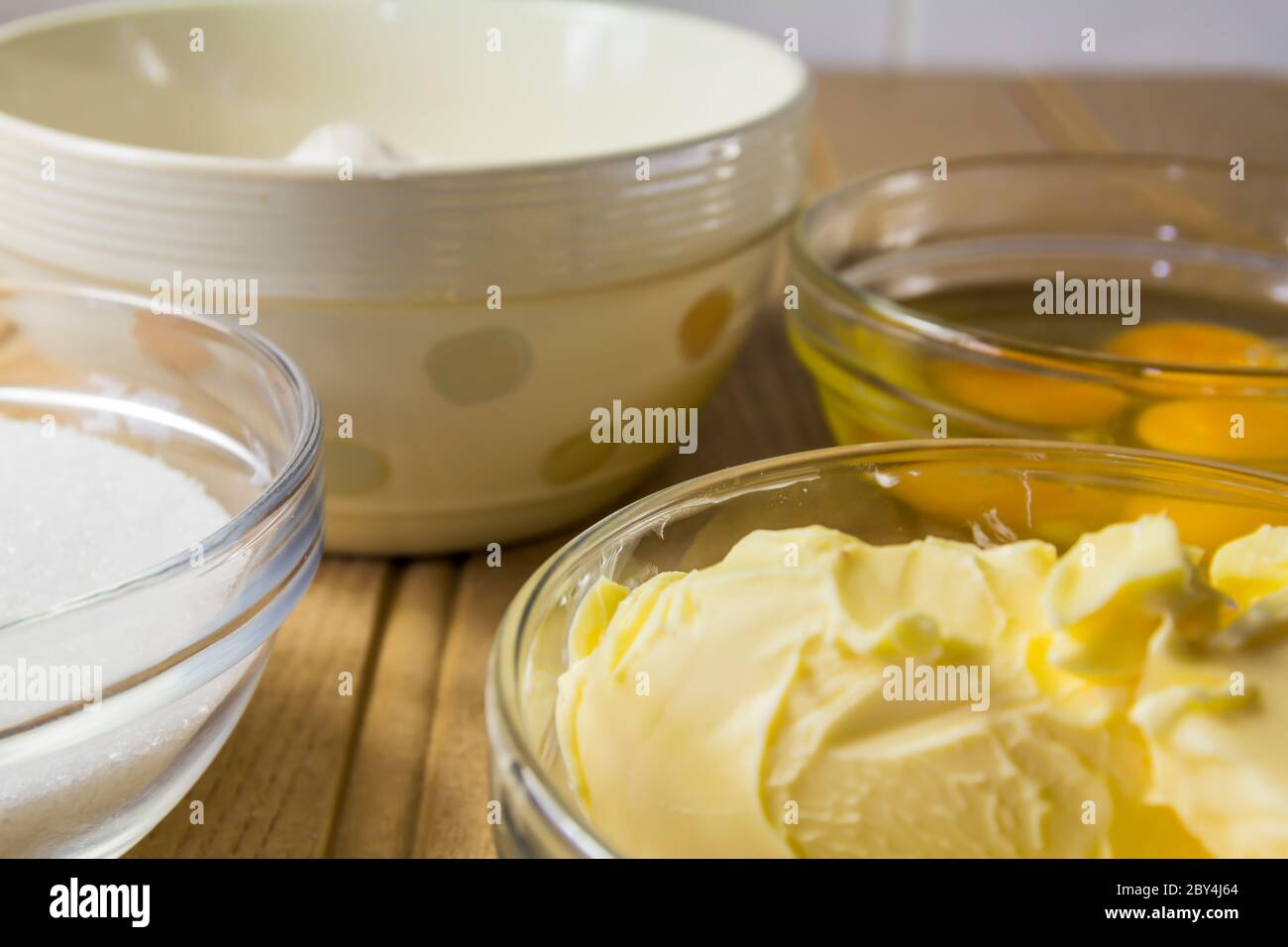 Cake ingredients ready to be mixed into batter for baking Stock Photo