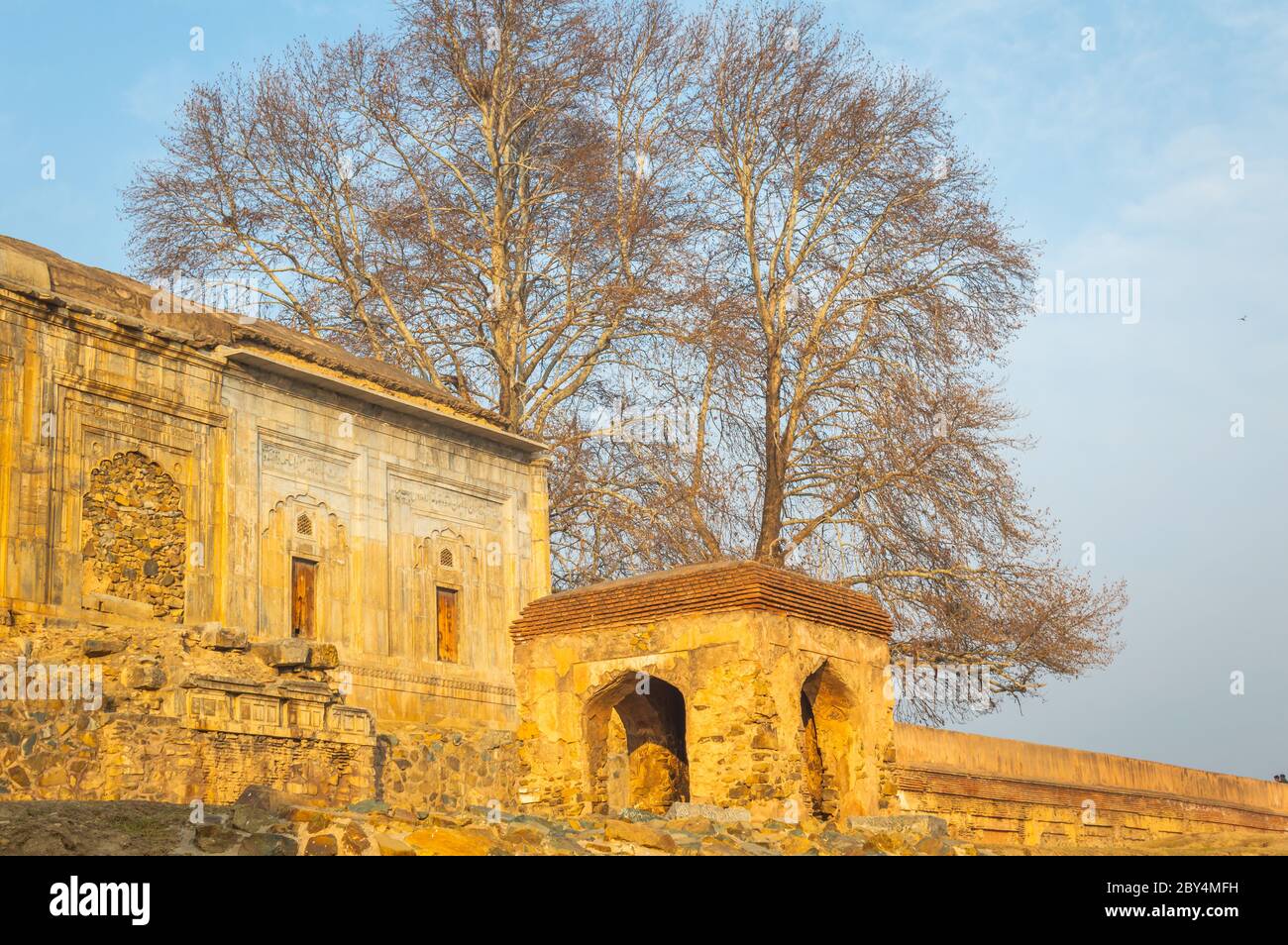 An old fort in Srinagar city with a Maple Tree in the background. Stock Photo