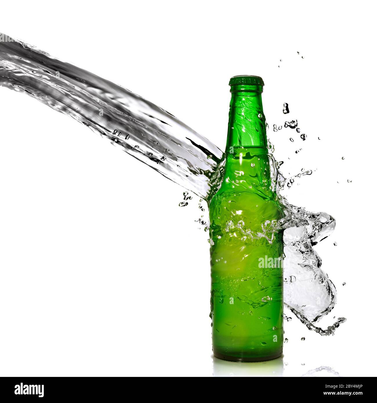 Green beer bottle with water splash isolated on white Stock Photo Alamy
