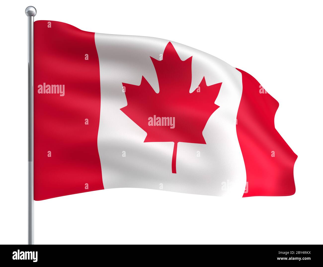 Wind Wave Canada Flag in High Quality Isolated on White with Flagpole Stock Photo