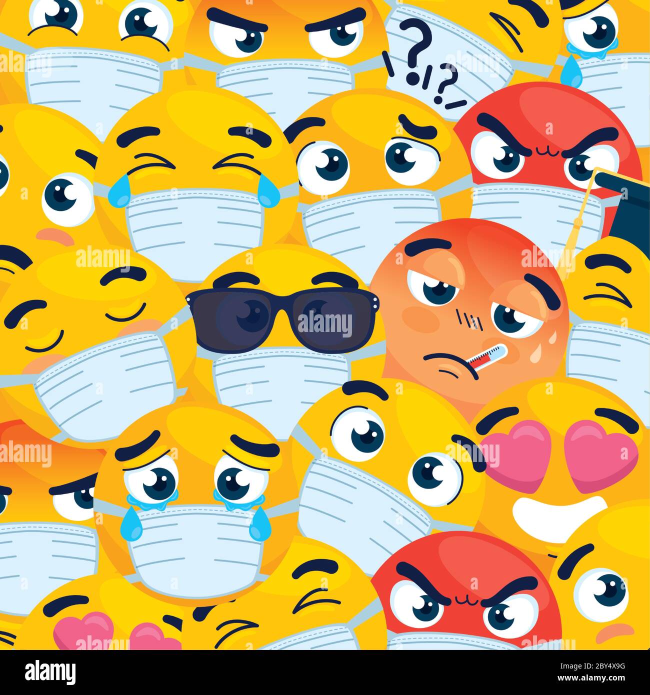 background, emoji wearing medical masks, yellow faces with white ...