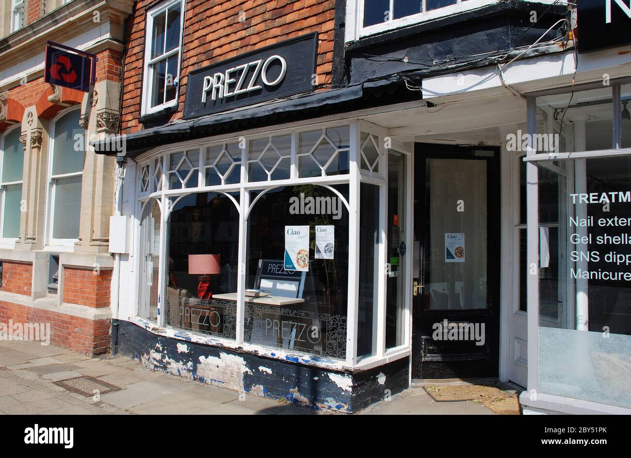 A branch of Italian style British restaurant chain Prezzo at Tenterden in Kent on May 27, 2020. Closed due to Coronavirus lockdown. Stock Photo