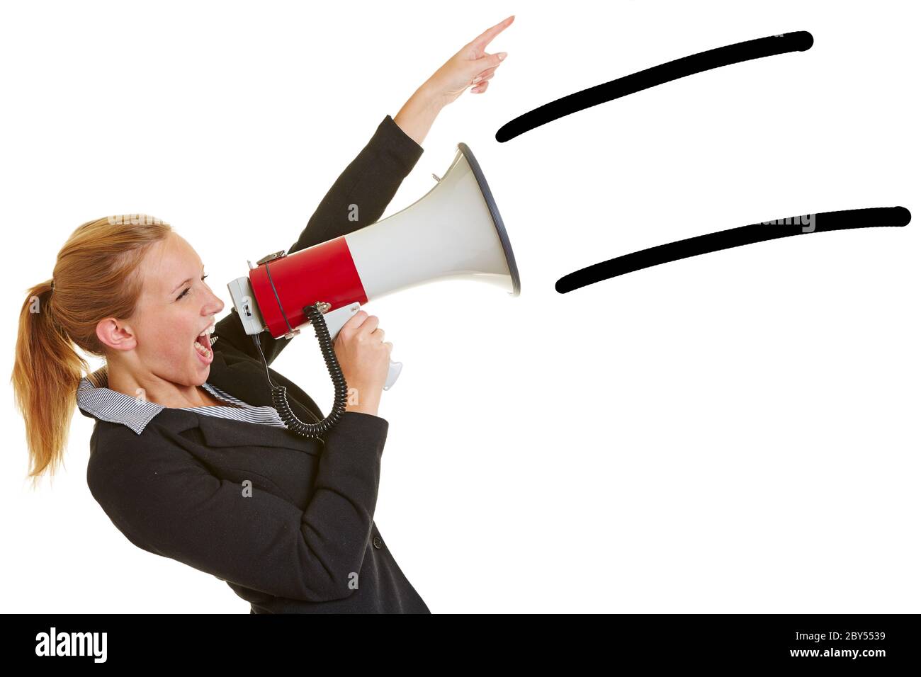 Young blonde businesswoman calls loudly into a megaphone Stock Photo