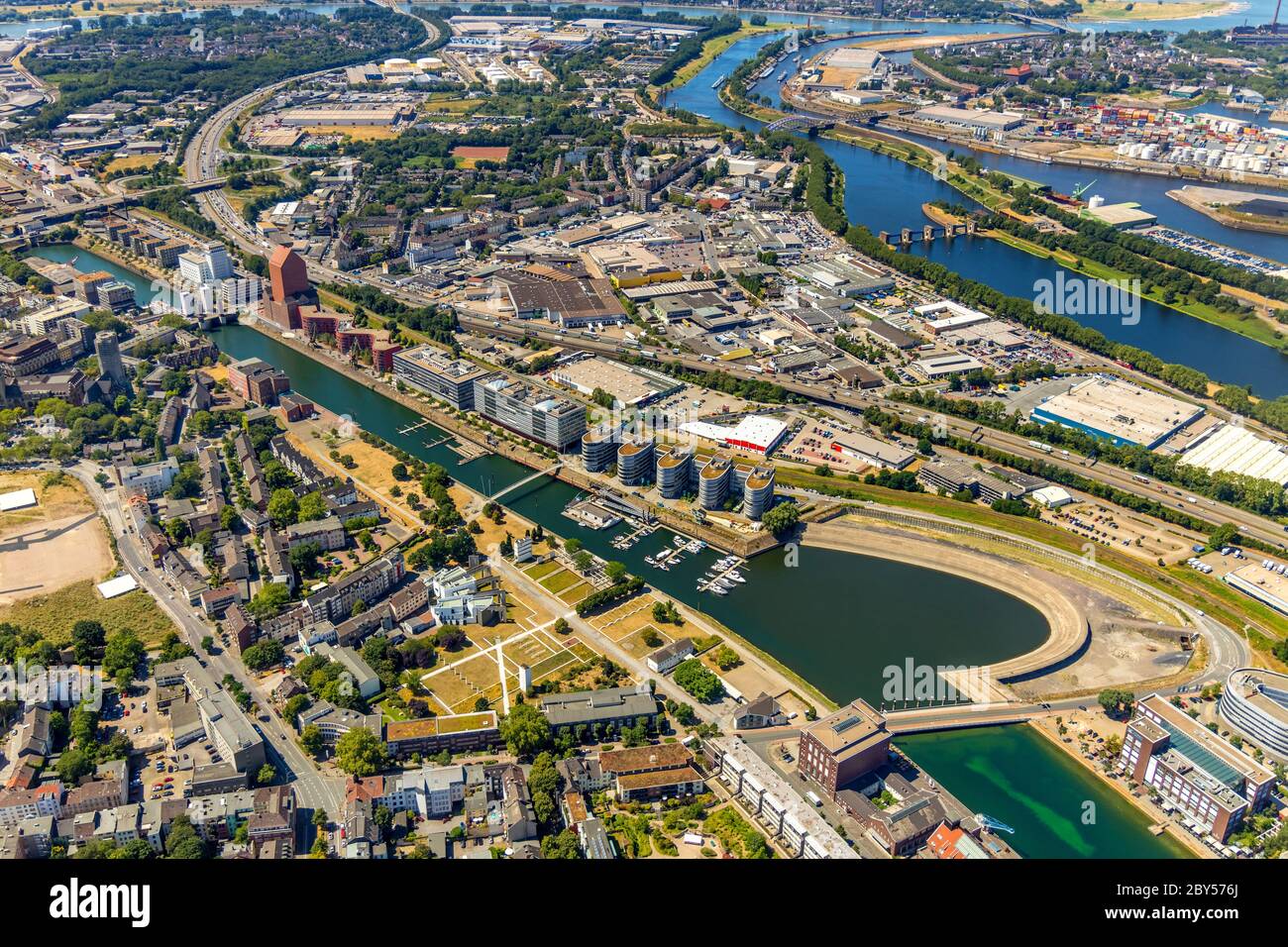 inner harbour of Duisburg with Five Boats and North Rhine-Westphalia State Archive, 22.07.2019, aerial view, Germany, North Rhine-Westphalia, Ruhr Area, Duisburg Stock Photo