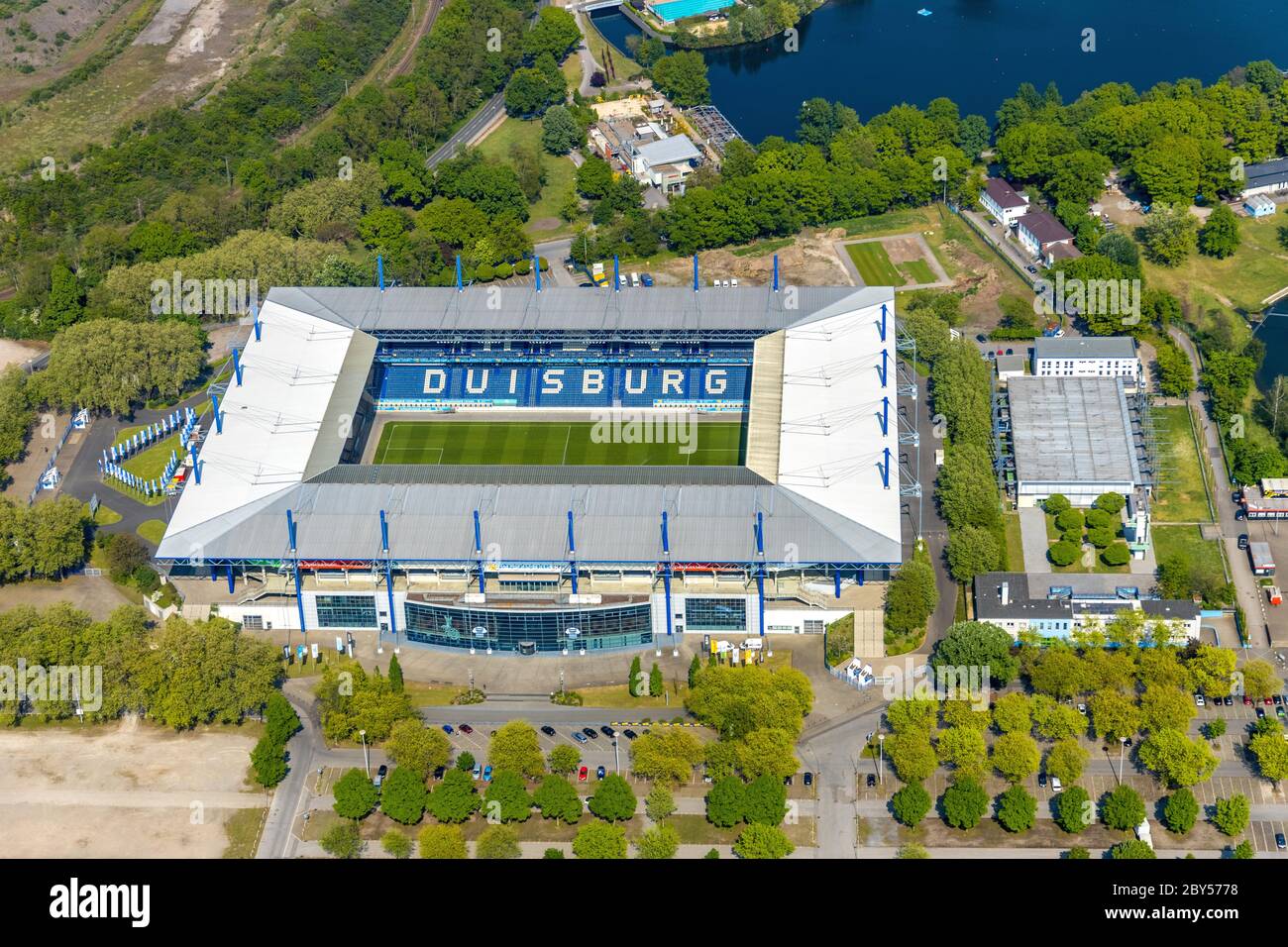 football stadium MSV-Arena and swim stadium of Sportpark Duisburg, Duisburg Neudorf-Sued, 30.04.2019, aerial view, Germany, North Rhine-Westphalia, Ruhr Area, Duisburg Stock Photo