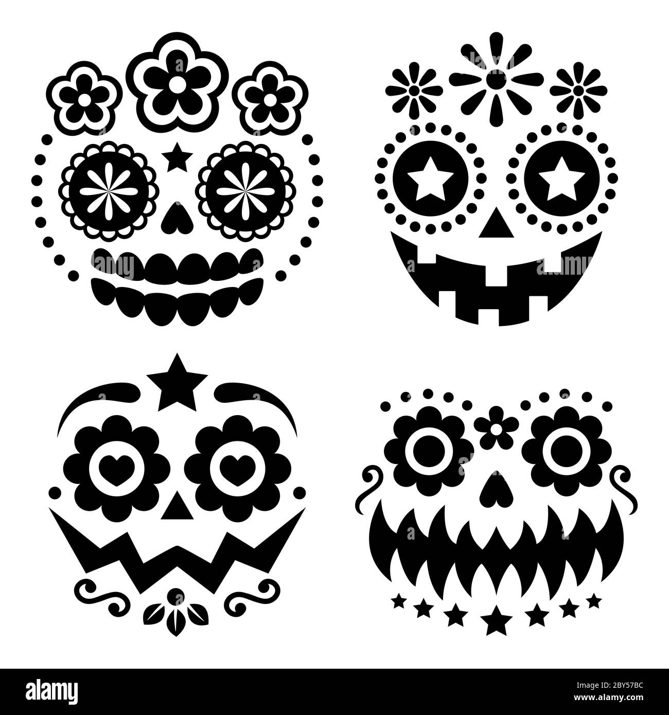 Halloween and Dia de los Muertos skulls and pumpkin faces vector design - Mexican sugar skull style decoration Stock Vector