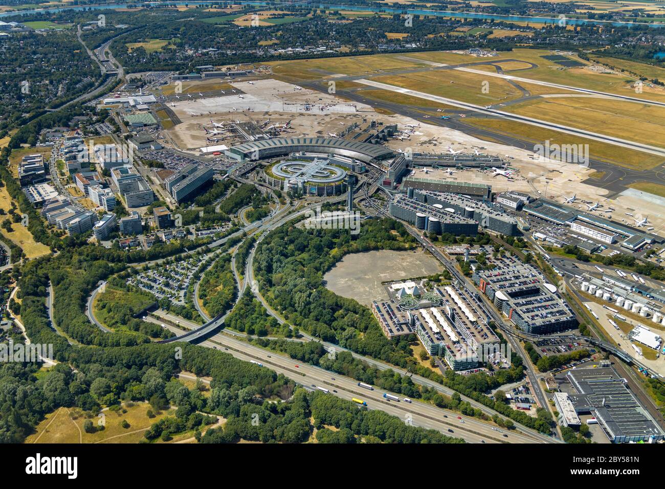 Airport Duesseldorf, 22.07.2019, aerial view, Germany, North Rhine-Westphalia, Lower Rhine, Dusseldorf Stock Photo