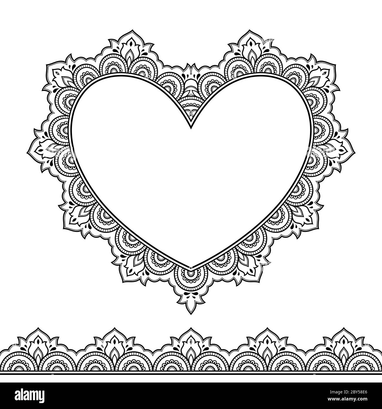 Set of seamless borders and heart for design, application of henna, Mehndi and tattoo. Decorative pattern in ethnic oriental style. Stock Vector