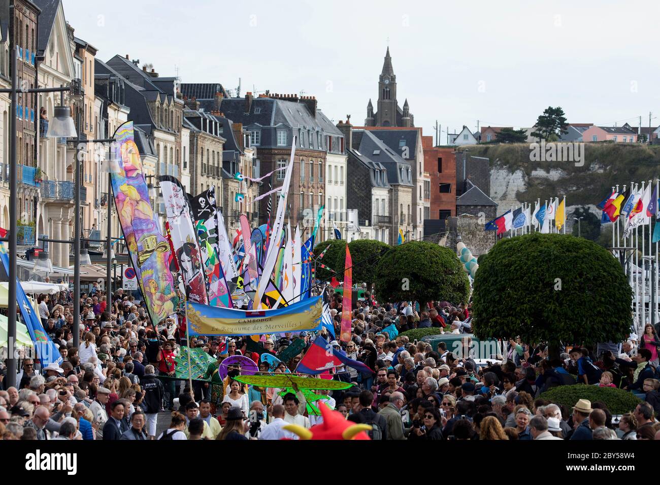 Kites from around the world parade around Dieppe for the Dieppe Kite Festival, Dieppe, France