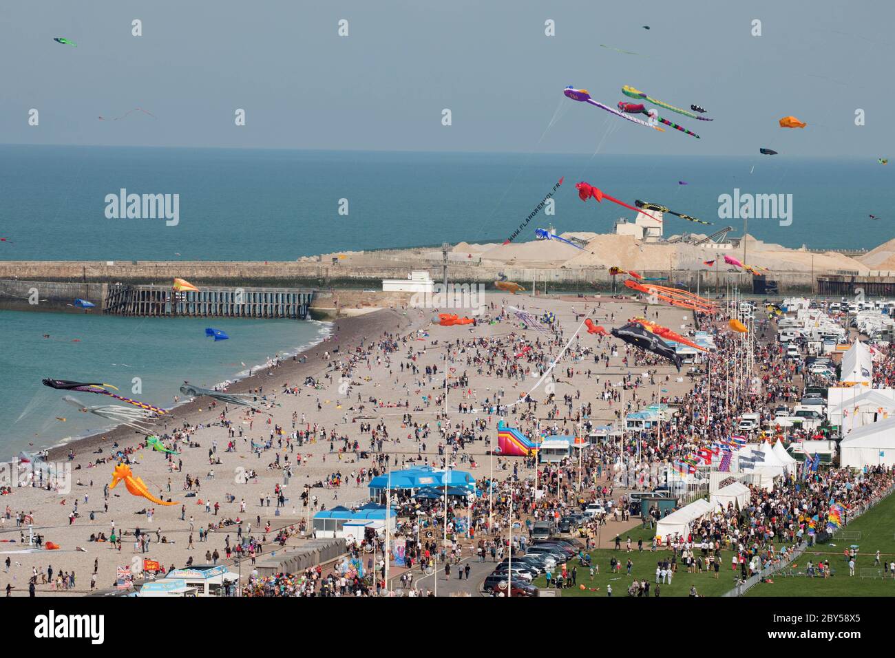 Kites from around the world are flown at the Dieppe Kite Festival, Dieppe, France. Stock Photo