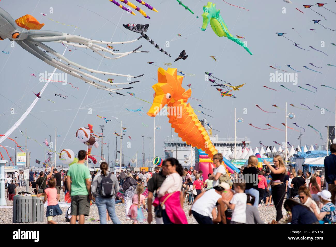 Kites from around the world are flown at the Dieppe Kite Festival, Dieppe, France. Stock Photo