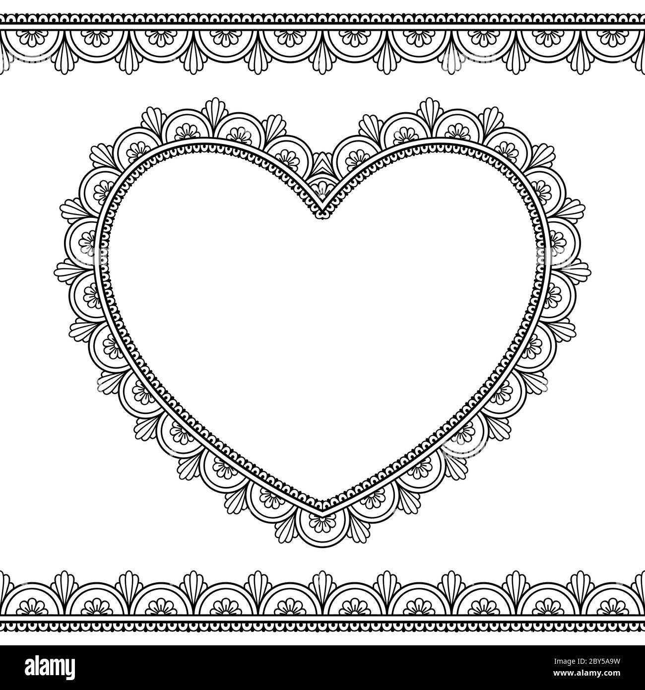 Set of seamless borders and heart for design, application of henna, Mehndi and tattoo. Decorative pattern in ethnic oriental style. Stock Vector