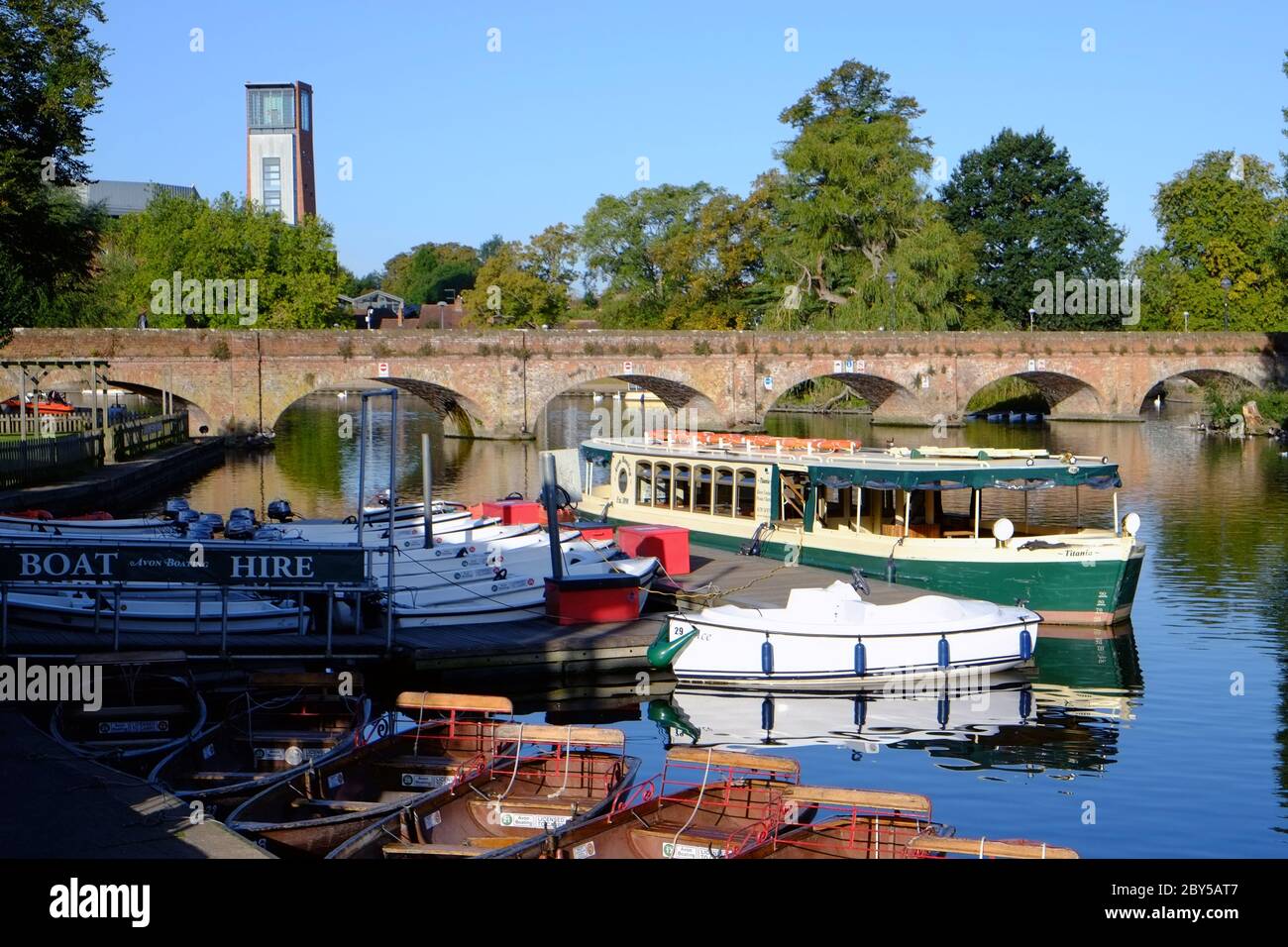Tour boats and rowing boats on the River Avon, at Stratford-upon-Avon, Warwickshire, England, UK Stock Photo
